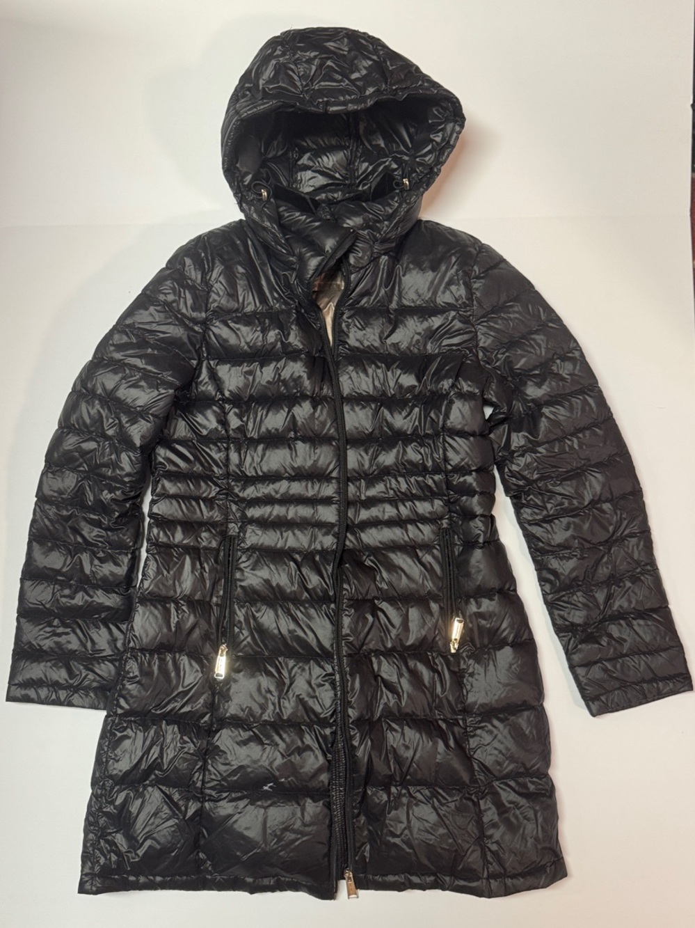 Andrew Marc Glossy Black Quilted Hooded Puffer Coat